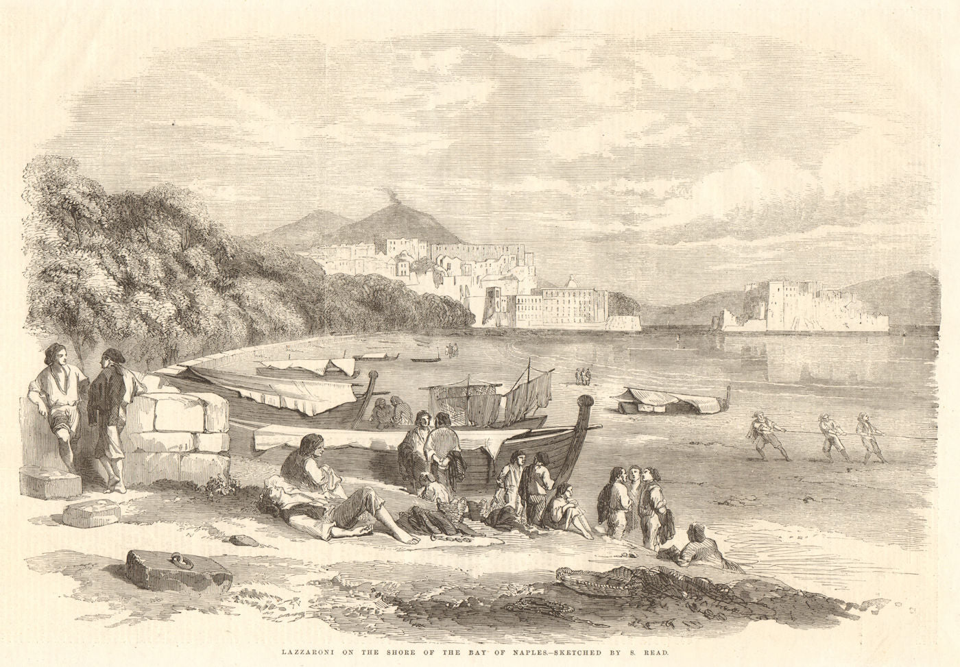 Lazzaroni on the shore of the Bay of Naples - sketched by S. Read. Italy 1856
